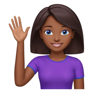 Dark brown hai woman with shoulder-length hair, blue eyes, wearing a purple top, smiling with one hand raised to the side, palm facing up. The gesture looks like she’s presenting something, offering help, or saying “Here you go!”

 sticker