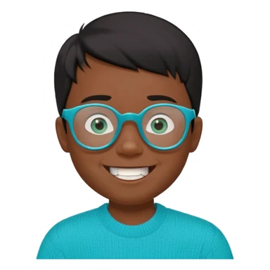 Chico de 7 años, pelo negro y repeinado, piel oscurita, gafas rectangulares azules, sonriente sin 1 diente, jersey verde turquesa y ojos rasgados, no redondeados sticker