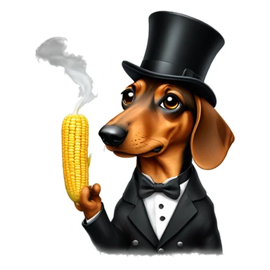 Daschund in a tuxedo smoking a corn cob pipe, with a monacle on one eye wearing a tophat sticker