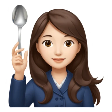 An Asian woman with long brown hair waving and greeting with a spoon in her hand sticker