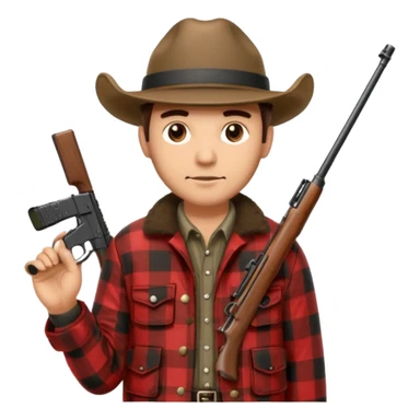 Man wearing buffalo plaid jacket and hat, with rifle sticker