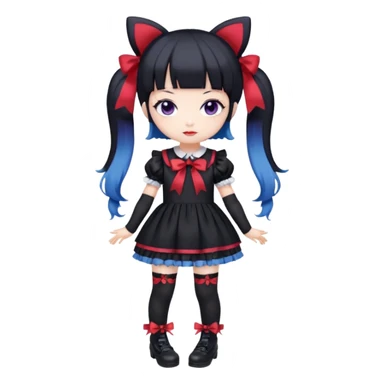 Chibi kawaii Kuromi, violet eyes, black-blue twin tails, red ribbons, red beanie, black & white lolita dress with red accents, white thigh-highs, black mary janes, cute aesthetic. sticker
