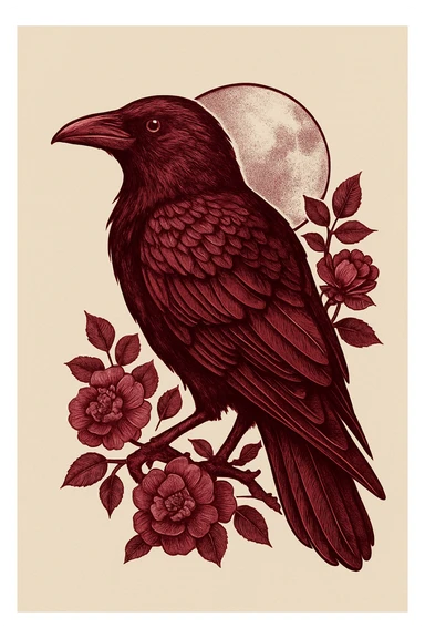 погенерируй ворона полубоком по появ где-то крупным планом внешне как на референсах, четкие контуры тени и блики в винном бордовом цвете sticker