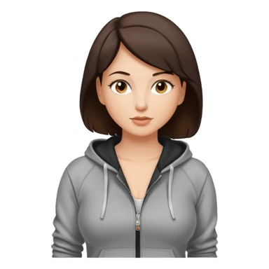 Pretty, sexy, slightly curvy white woman with short dark brown hair, wearing a tight, front zippered hoodie sticker