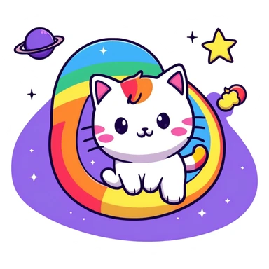 flying cat pooping rainbows in outer space with stars and planets sticker