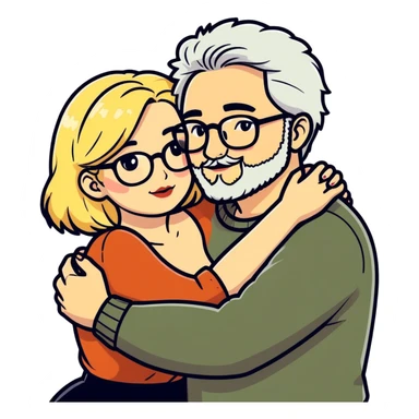 Hyper realistic couple in love, man had a salt and pepper hair and a short stubbly beard. The lady is blonde and curvy and wears glasses and makeup sticker