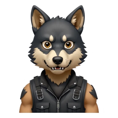 A full black anthropomorphic wolf with white marks, he is wearing a rubber like dog muzzle, and his ears are standing up with a variety of piercings. He has a black tactical vest on, and he is in a grumpy mood, his arms just hanging by his side sticker