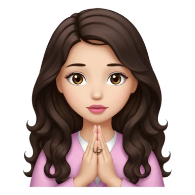 girl with wavy long glamorous dark brown hair, brown eyes, light to medium complexion, long lashes, light pink lipstick, praying sticker