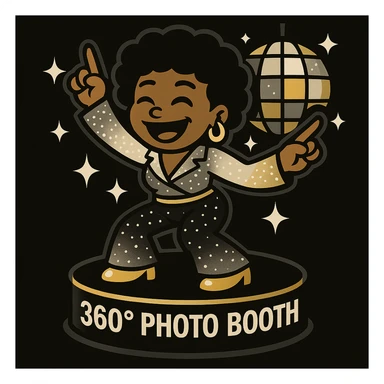 Update the disco emoji scene of a female African American dancing on a 360 photo booth. Use a color palette of black, silver, gold, and white for the outfit, booth, and disco elements. Keep the vibrant toon art style. sticker