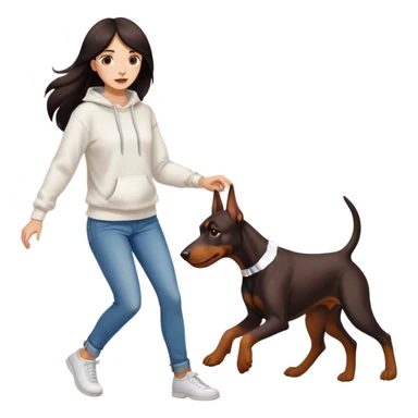 A beautiful girl with long hair wearing a white sweatshirt and jeans is chasing Doberman sticker