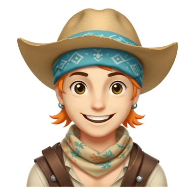 Clash of Clans aesthetic Playful Pirate Portrait Emoji, Head tilted with a roguish, cheeky grin and twinkling eyes, featuring a compact, spirited build with a jaunty hat and a quirky bandana, his natural skin tone evident, Simplified yet irresistibly charming features, highly detailed, glowing with a warm, inviting oceanic glow, high shine, spirited and lively, stylized with an air of whimsical maritime mischief, soft glowing outline, capturing the essence of a playful pirate exuding friendly rogue charm! sticker