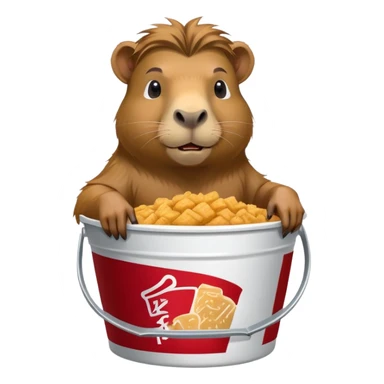 Muscular capybara with Johnny Depp features, goatee, long hair, sitting in a KFC bucket sticker