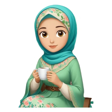 Turkish beautiful finish Konya girls blue eyes with Beautiful light brown green floral hijab long tail dress and in a lovely garden sits on the chair on the ground and holds cup coffe with her hand  sticker