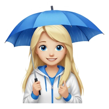 Cinematic realistic emojis in the form of a blonde girl with a joyful smile, long hair, blue eyes, wearing a white hoodie, holding an umbrella over her from the rain sticker