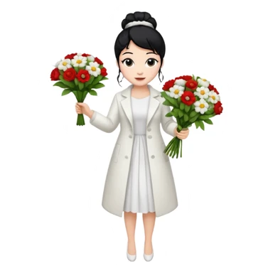 Chica blanca,cuerpo entero, vestido fiesta blanco ,manga larga ,con abrigo blanco ,pelo negro,    ramo de flores una mano, pelo recogido en moño alto sticker