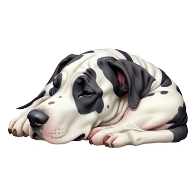 Meme-Worthy Cute Sleeping Harlequin Great Dane Portrait Emoji, Head resting peacefully with a contented smile, showcasing a delightfully majestic build and a luxuriously soft coat of predominantly white with bold black patches, eyes shut in a serene nap, Simplified yet hilariously adorable features, highly detailed, glowing with a soft, drowsy light, high shine, relaxed and utterly lovable, stylized with an air of playful laziness, bright and heartwarming, soft glowing outline, capturing the essence of a comically sleepy guardian, so meme-worthy it feels like it could instantly become the next viral sensation of adorable slumber! sticker