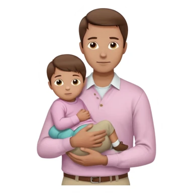 A father with neatly combed chestnut-brown hair, wearing a white button-up shirt and light khaki pants, holding his child close. The child has silky dark hair and a pale pink sweater. Bright natural light, clean and gentle mood. sticker