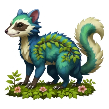 Sharp swampy realistic mossy grassy elemental ivy floral detailed Colorful furry Trico-Sergal-Furret-Ferret-Wolverine-Vernid-furry-fursona-fusion-Fakemon-animal-hybrid-creature, full body sticker