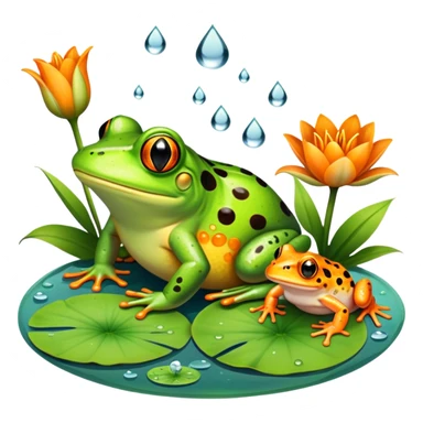 Icon for Amphibians: A colorful collage with various amphibians like a bright green frog sitting on a lily pad, a small salamander with orange spots, and a toad with bumpy skin. Water droplets around them and a pond in the background. Transparent background. sticker