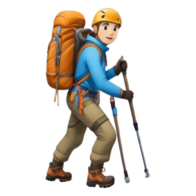 Icon for Mountain Tourism and Climbing: a mountain peak in the background, with a hiker carrying a backpack, an ice axe, and wearing climbing gear. The icon should capture the adventure and challenge of alpine exploration. Transparent background. sticker