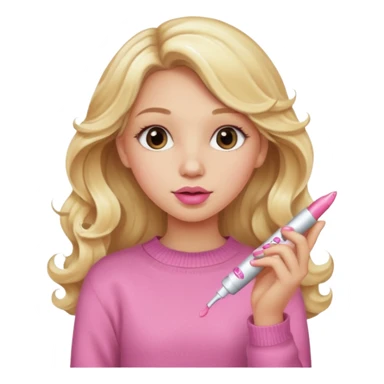 A long curled blonde haired  young girl with a pink sweater and holding a lip gloss sticker