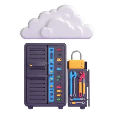 3D style cloud with server racks and tools, techy look, representing DevOps Cloud Engineer sticker