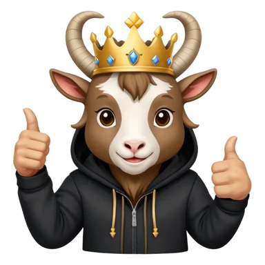 Goat with horns wearing black hoodie and a royal crown thumbup sticker