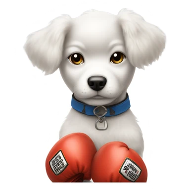 White puppy wearing boxing gloves with an Afro sticker