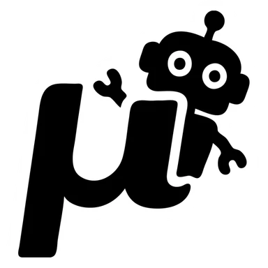 solid icon of a blue lowercase mu with a playful toy robot peeking from behind sticker