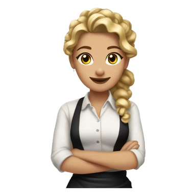 Waitress with white shirt and black apron, curly dirty-blonde hair in a pony tail, hazel eyes, LOTS of bohemian jewelry and bracelets  sticker