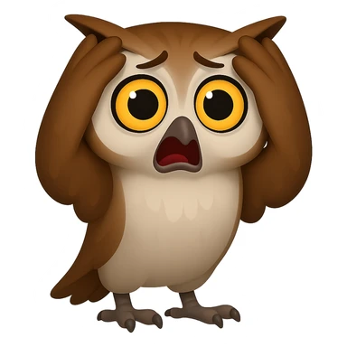 В стилистике эмоджи сгенерируй сову, она в панике хватается крыльями за голову, прозрачный фон sticker