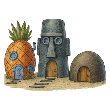 Spongebob's pineapple house, Squidward's Easter Island head house, and Patrick's rock house all together, highly detailed, no characters, transparent background sticker