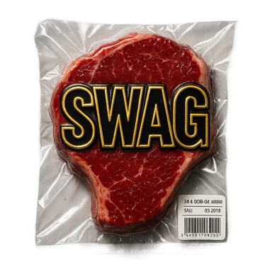 steak with gold outlined 'SWAG' letters, glossy sticker