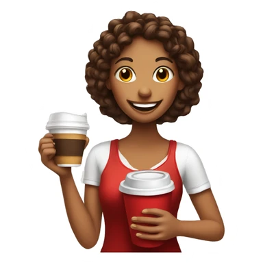 happy girl with coffee in a red cup in one hand and dessert in another  sticker