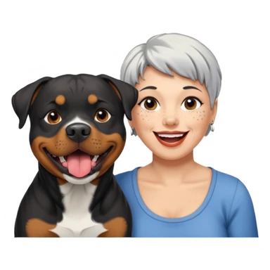 Pitt bull rottweiler white muzzle with black spots tongue out next to one older woman with short silver hair sticker