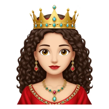 Queen with long dark curly hair, dark brown eyes, light olive skin tone. can you make the skin tone lighter? sticker