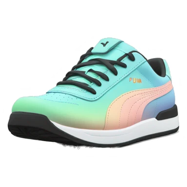 Realistic pair of pastel blue pastel green peach and black ombre Puma sneakers isolated.  sticker
