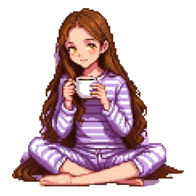 girl with long brown hair sipping coffee in purple striped pajamas sticker