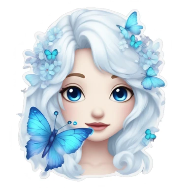 Edgy Cute Cool Kawaii gorgeous sparkly ethereal white fantasy animal with blue eyes sona with flowers and butterflies sticker