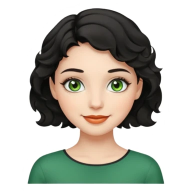 a girl with green eyes, short black wavy hair, natural clean girl makeup sticker