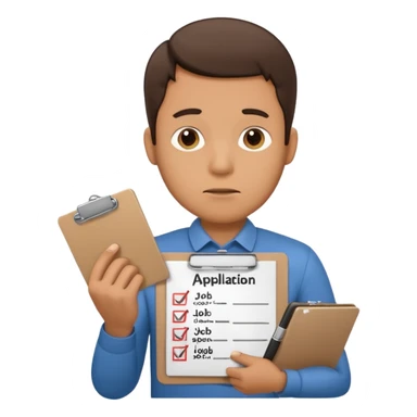 Man looking sad while holding a clipboard with a checklist that has a heading that says job application  sticker