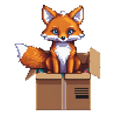 Playful fox sitting in a cardboard box, kids toy aesthetic, pixel art style sticker