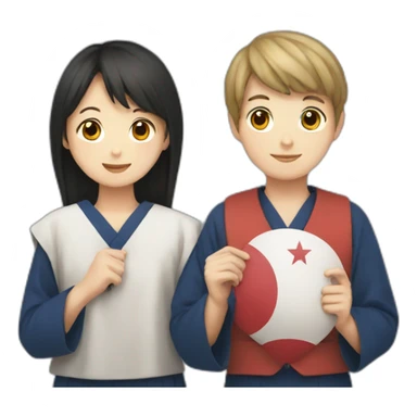 boy and girl holding Japanese flag sticker