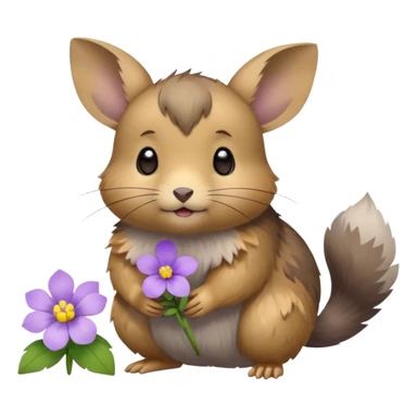 small round pika on all fours, turned at an angle, with a little light purple flower in its mouth sticker