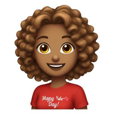 Light brown lady smiling, medium brown long curly hair, bright red lips, eyelashes, wearing red “happy Valentine’s Day” t shirt sticker