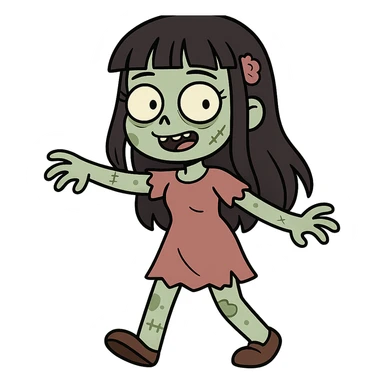 a zombie girl with black long hair and bangs, cute cartoon style, colorful, charming sticker