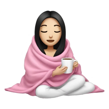 white girl with black straight hair inside a pink blanket sipping coffee eyes closed sticker