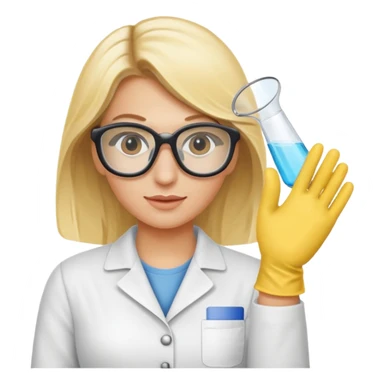 Eine hellblonde Chemikerin mit Kittel, Handschuhen, großer Labor-Sicherheitsbrille und typischem Erlmeyerkolben in der Hand, weißer Hintergrund sticker