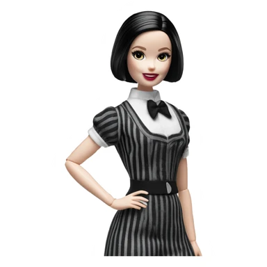 Silkstone Lingerie Barbie. Wednesday Addams from academy. Smiling. Dark-gray and black striped outfit. Very Pale-white porcelain skin.  sticker