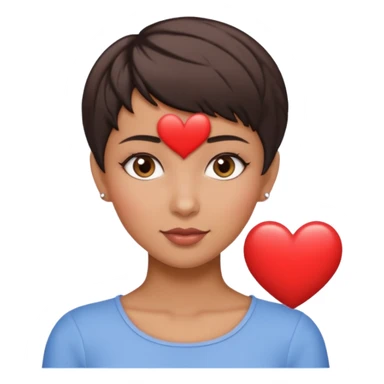 woman pixie cut dark brown hair, tan skin, brown oval eyes, heart shaped face sticker